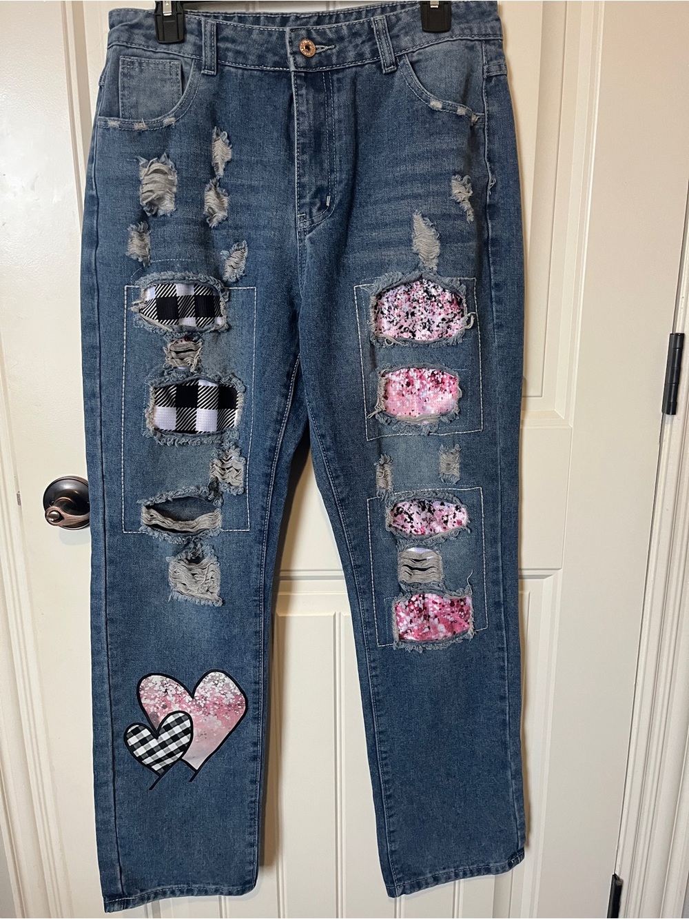 Women's Boyfriend Jeans with Pink Sequin & Plaid Patch Details